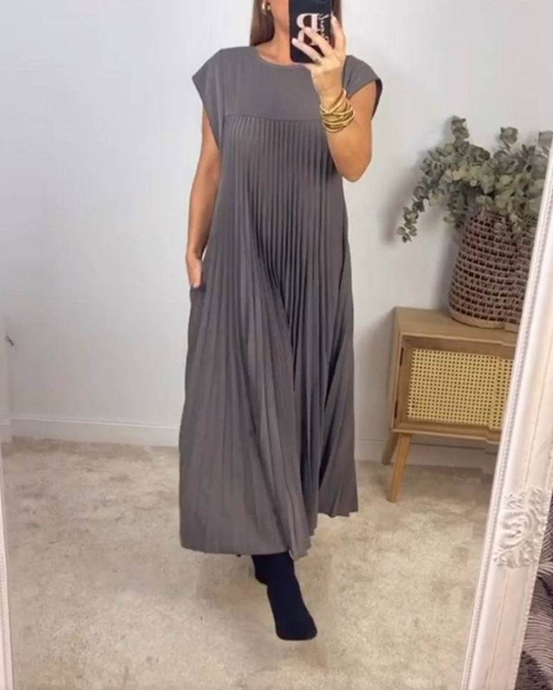 Short Sleeve Pleated Long Dress Summer Round Neck Dress Women's Clothing - Velora