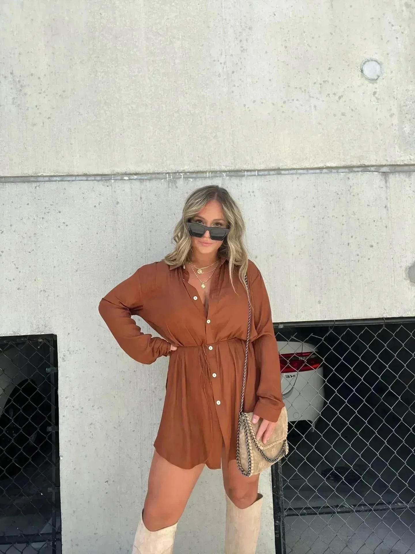 Elegant Women's Long Sleeve Button down Shirt Dress Fashionable Short Outfit Set Two piece Suit Set - Velora