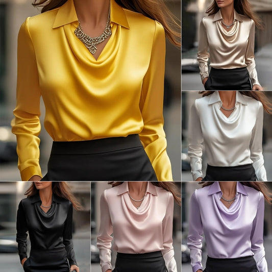Women's Swing Collar Draped Shirts & Blouses Elegant Solid Satin Office Ladies Top Pullover Spring Long Sleeve Casual Tops - Velora