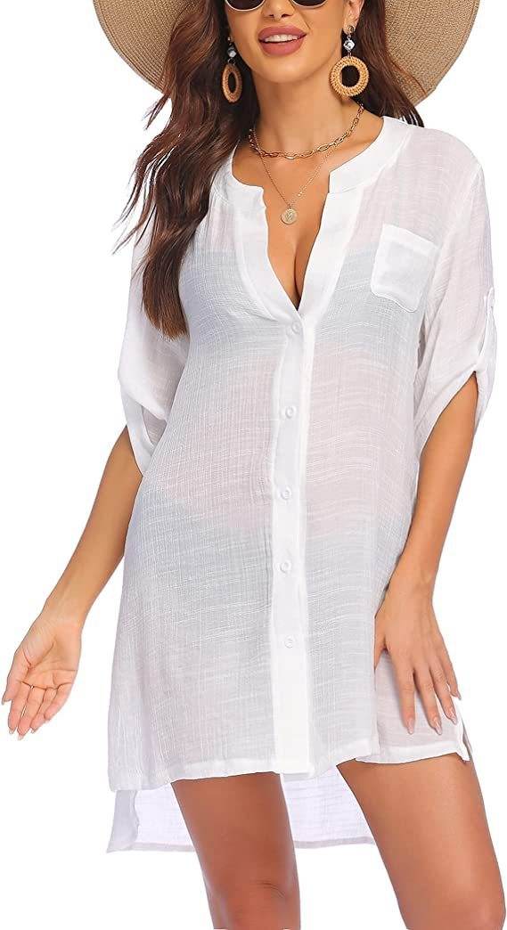 European And American Sun Protection Women Beach Linen Shirt dress - Velora