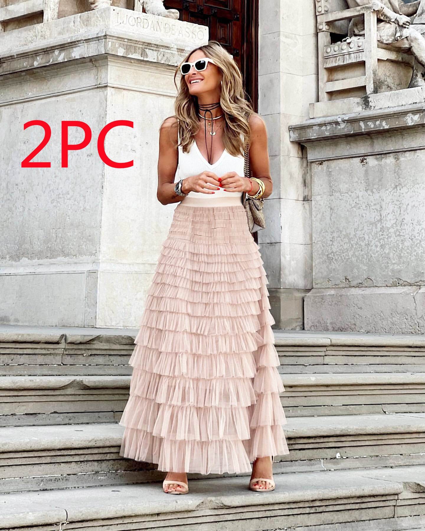 Layered Ruffles Cake Skirt Summer Fashion A Line Swing Mesh Long Skirt Party Dress Women - Velora