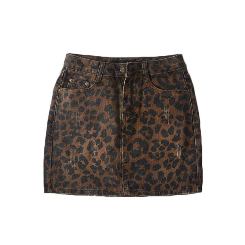 Leopard Print Mini Denim Skirt Women's High Waist Pencil Skirt - Velora