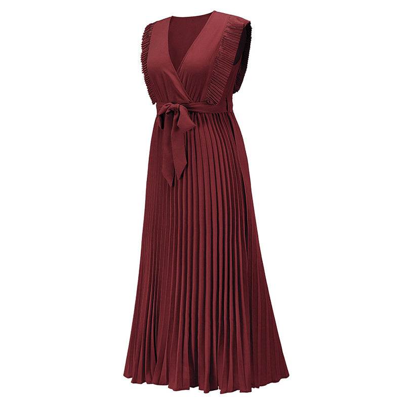 Maxi Dresses For Women - Elegant V Neck Ruffled Sleeves Empire Waist Pleated Flowy Dress - Velora