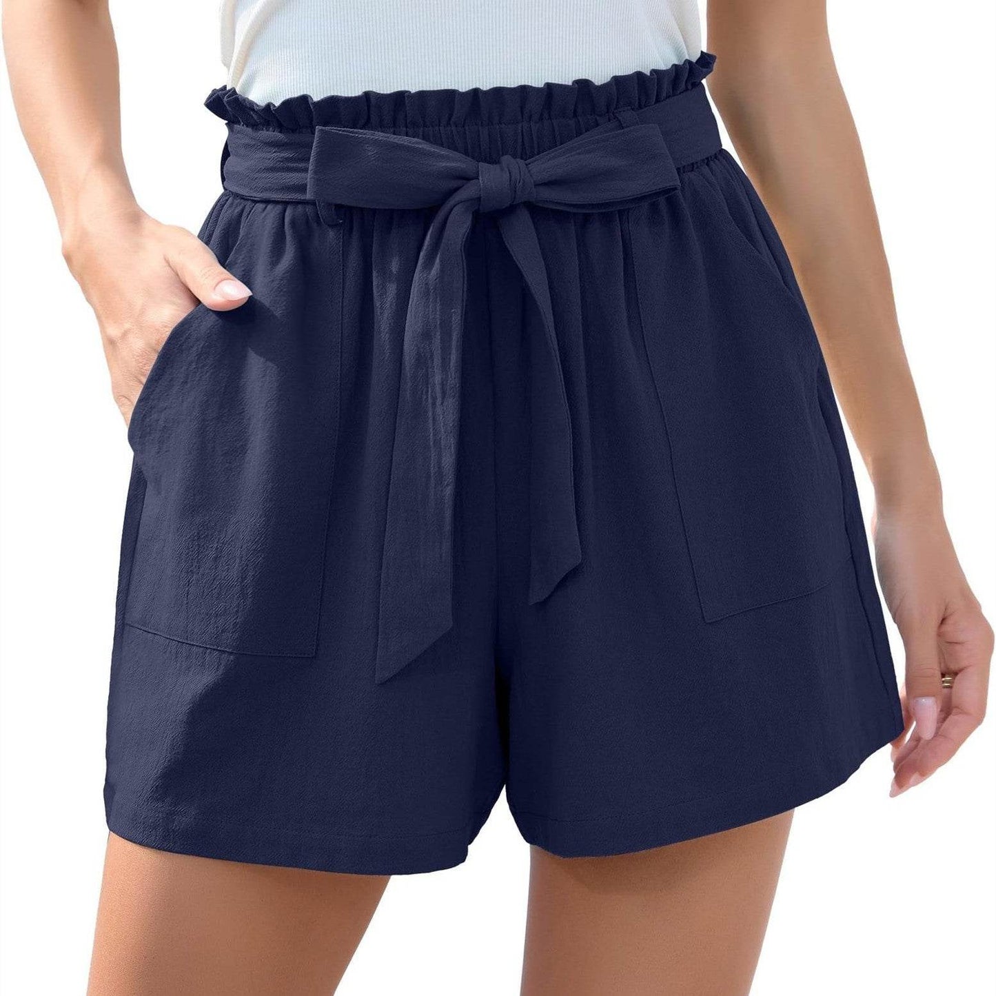 Fashion Ruffle Bow Waist Tie Shorts Summer Beach Pants With Pockets Womens Clothing - Velora