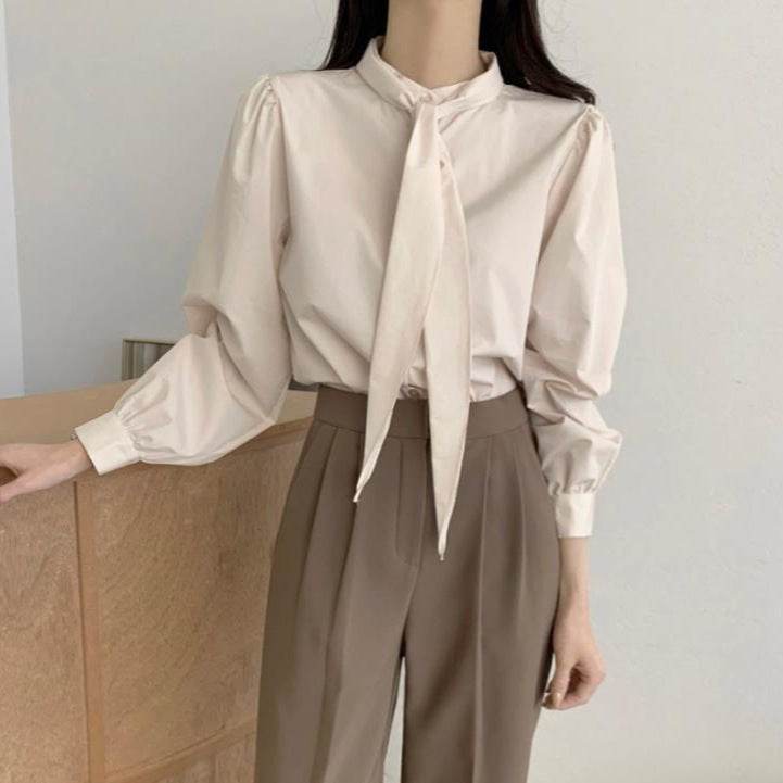 Spring New Gentle Lace-up Bow Tie Design Puff Sleeve Solid Color Shirt For Women - Velora