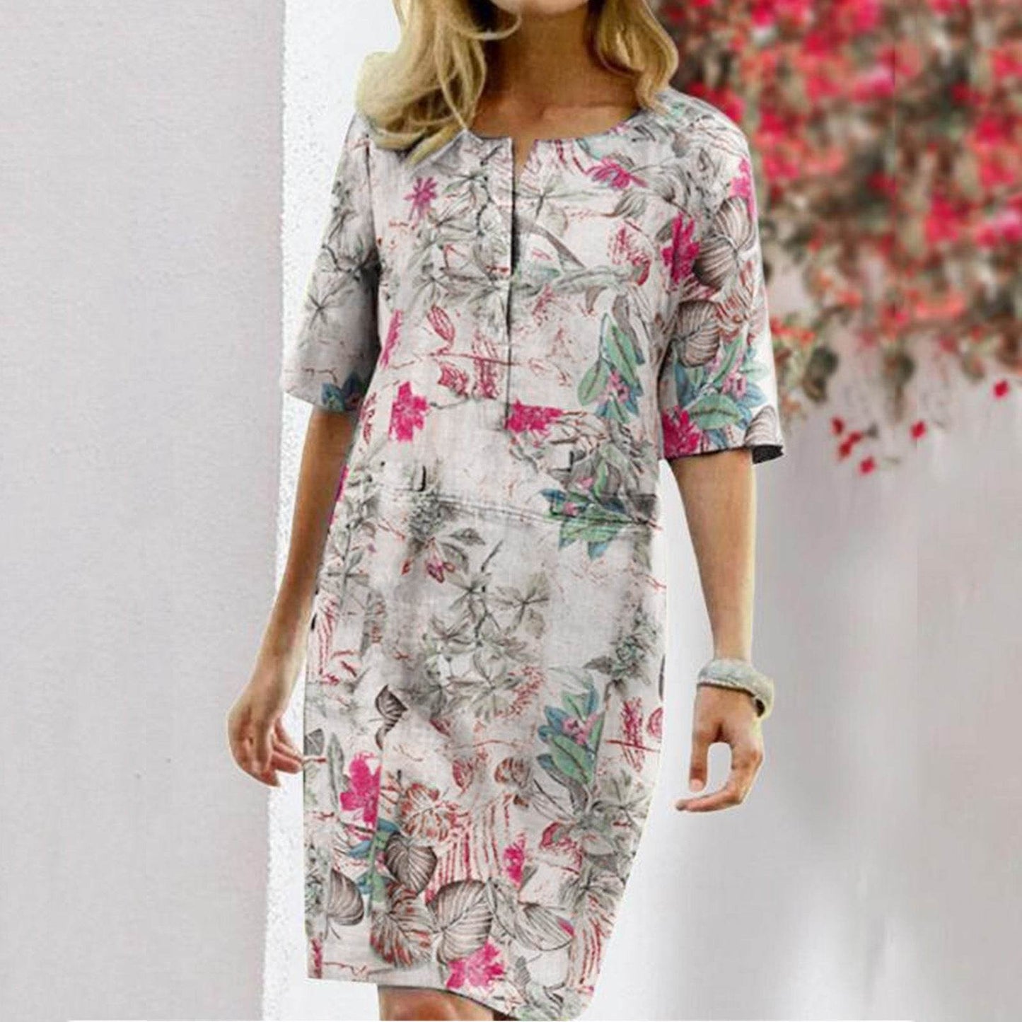Vintage Dress Women Summer Floral Leaf Print Slit Round Neck Half Sleeve Dresses - Velora