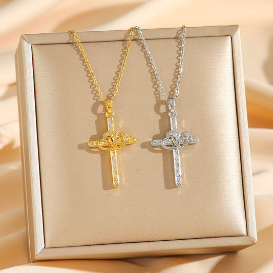 Cross Double Ring Love Heart Necklace Surrounded Zircon Pendant Necklace For Women Bohemian Jesus Pendant Gold Color Valentines Day Gift - Velora