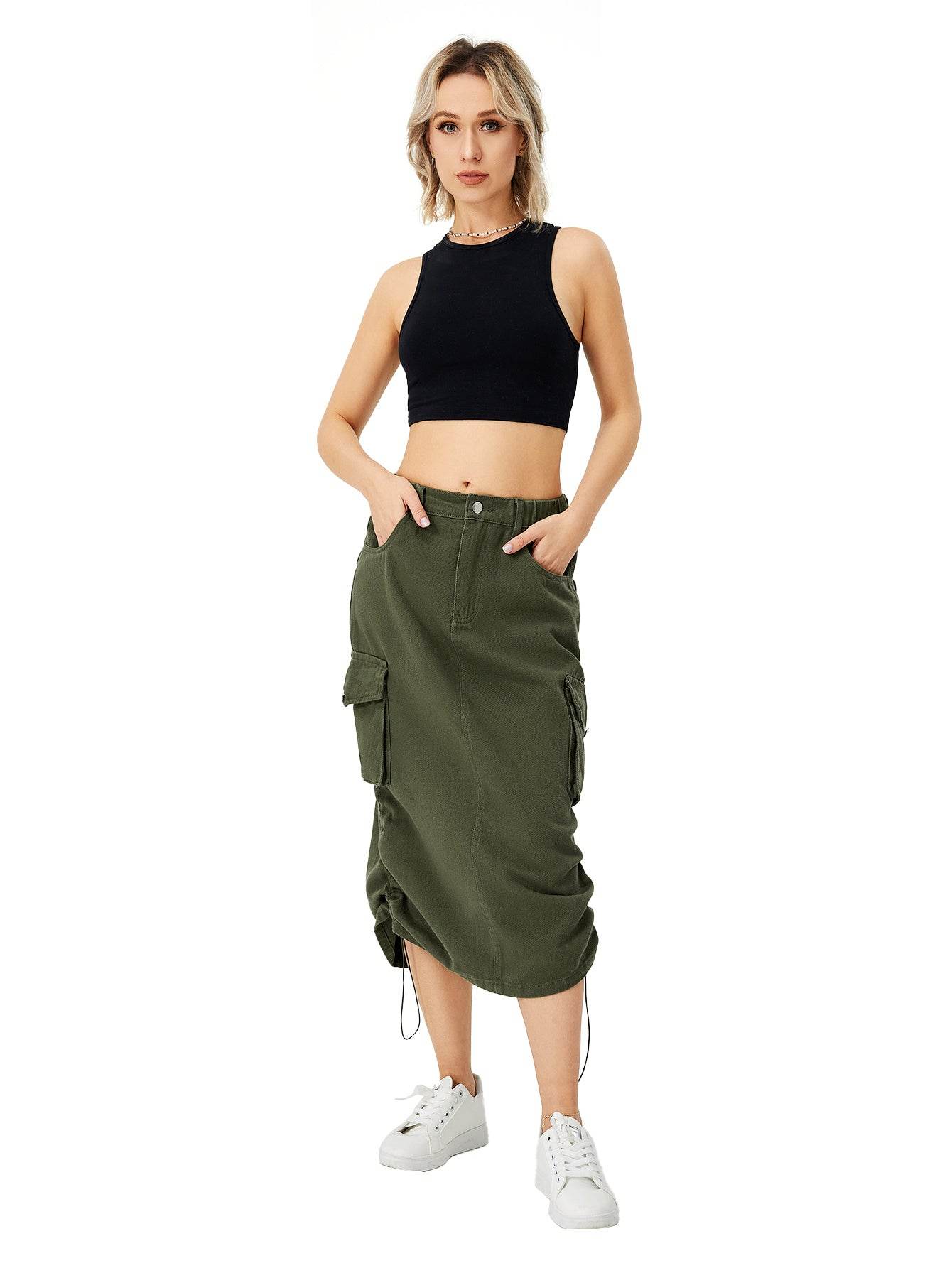Women Casual Street wear High waisted Pencil Midi Cargo Skirt - Velora