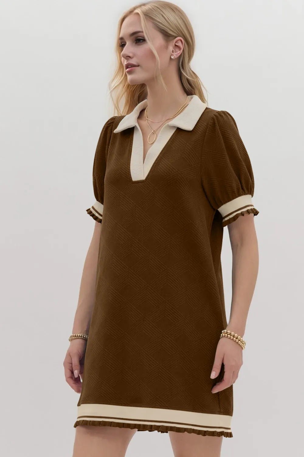Oh Frill Contrast Trim Johnny Collar Short Sleeve Mini Dress - Velora