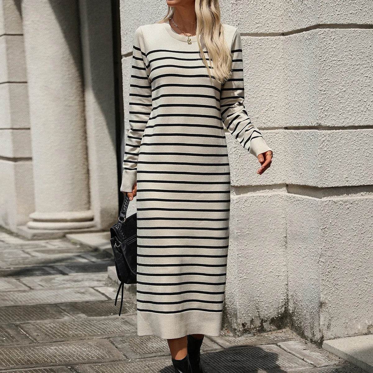 Slim Striped Printed Long Cashmere Dress Autumn And Winter Long Sleeve Dresses For Women - Velora