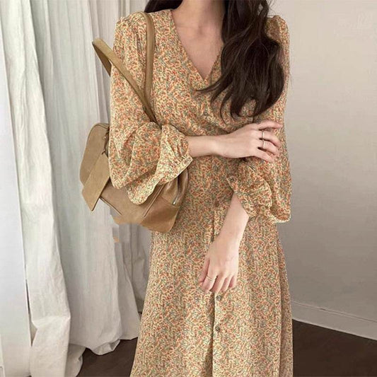 Elegant V-neck Elegant Floral Chiffon Dress - Velora