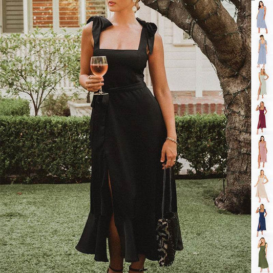 Temperament Suspender Split Dress With Lace-up Design Fashion Summer Ruffled Beach Dresses For Women - Velora
