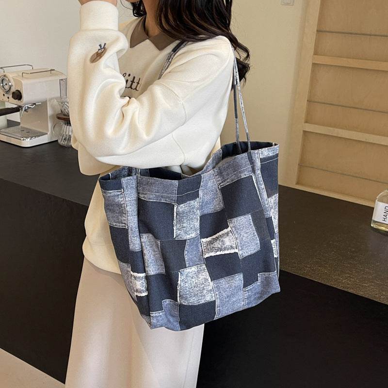 Women's Large Capacity Denim Color-contrast Check Idle Style Shoulder Commute Leisure Handbag Versatile Tote Bag - Velora