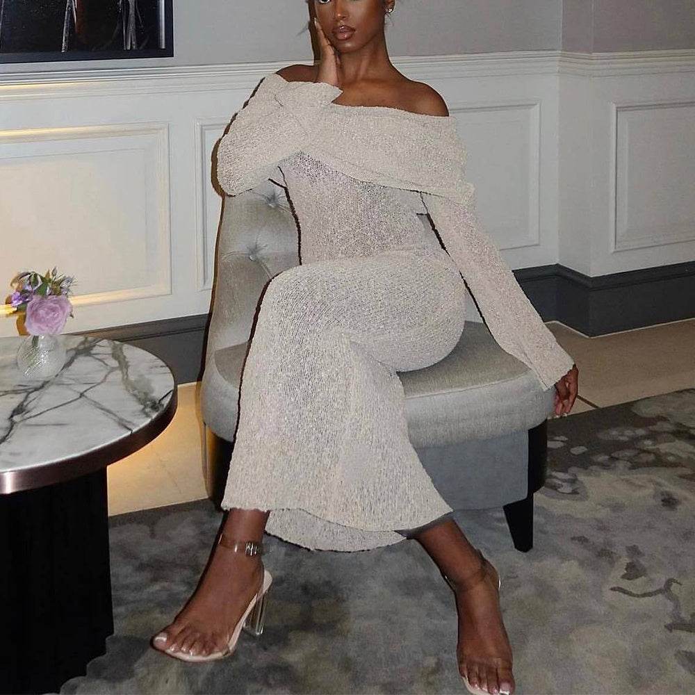 New One-shoulder Knitted Long-sleeved Dress Sexy Beach Holiday Long Dresses Womens Clothing - Velora