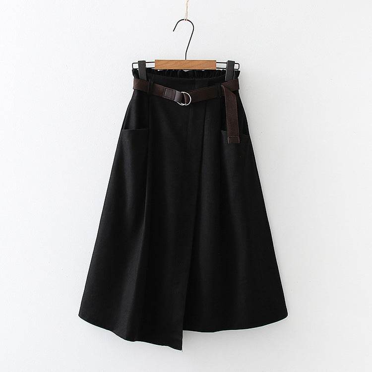 Solid Color Leisure Artistic Pocket High Waist Irregular flared Midi Skirt for work women - Velora