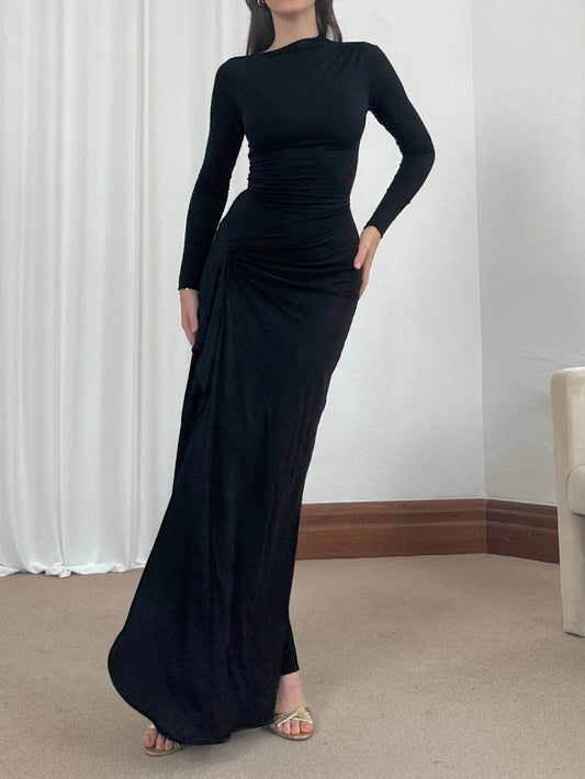Slim-fitting Long-sleeved Asymmetric Split Dress Ins Fashion Solid Color Long Dresses For Women - Velora