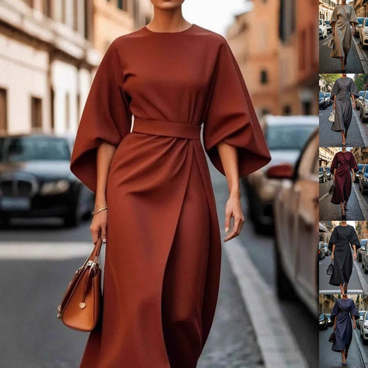 Loose Batwing Sleeve Dress Fashion Waist-tighted Solid Color Elegant Dresses For Women Clothing - Velora