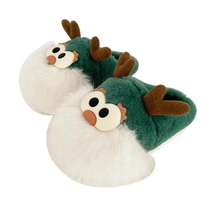 Cute Cartoon Christmas Deer Cotton Shoes Winter Indoor Floor Home Slippers Half-covered Heel Warm Plush Shoes Women - Velora