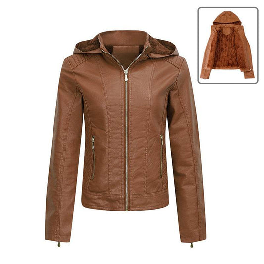Plush Thickened Hooded Coat Winter Fashion Slim Zipper Leather Jacket With Pockets Long Sleeve Outwear Tops For Womens Clothing - Velora