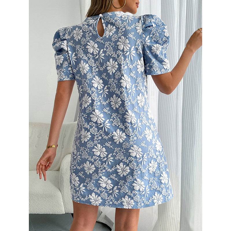 Women's Summer Mini Dress Short Sleeve Floral Jacquard Puff Sleeve Crew Neck Dress - Velora