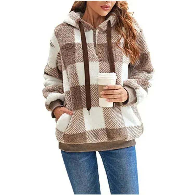 Casual Thick Fleece Plush half zip Plaid Hoodie Pullover top for women - Velora