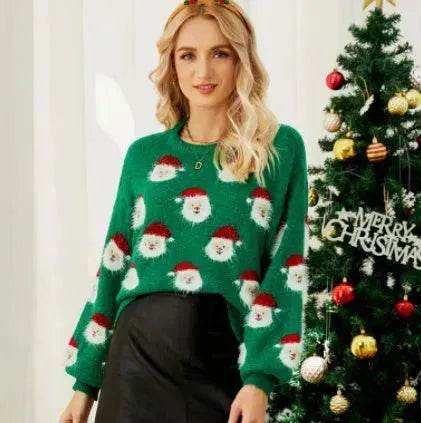 Christmas Sweater Women Cute Cartoon Santa Print Knit Sweater Winter Tops - Velora