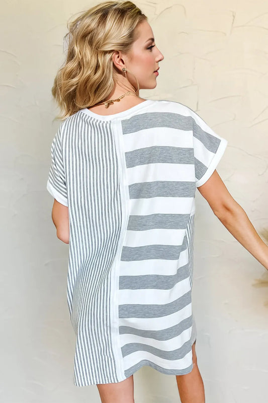 Oh Full Size Striped Round Neck Short Sleeve Mini Tee Dress - Velora