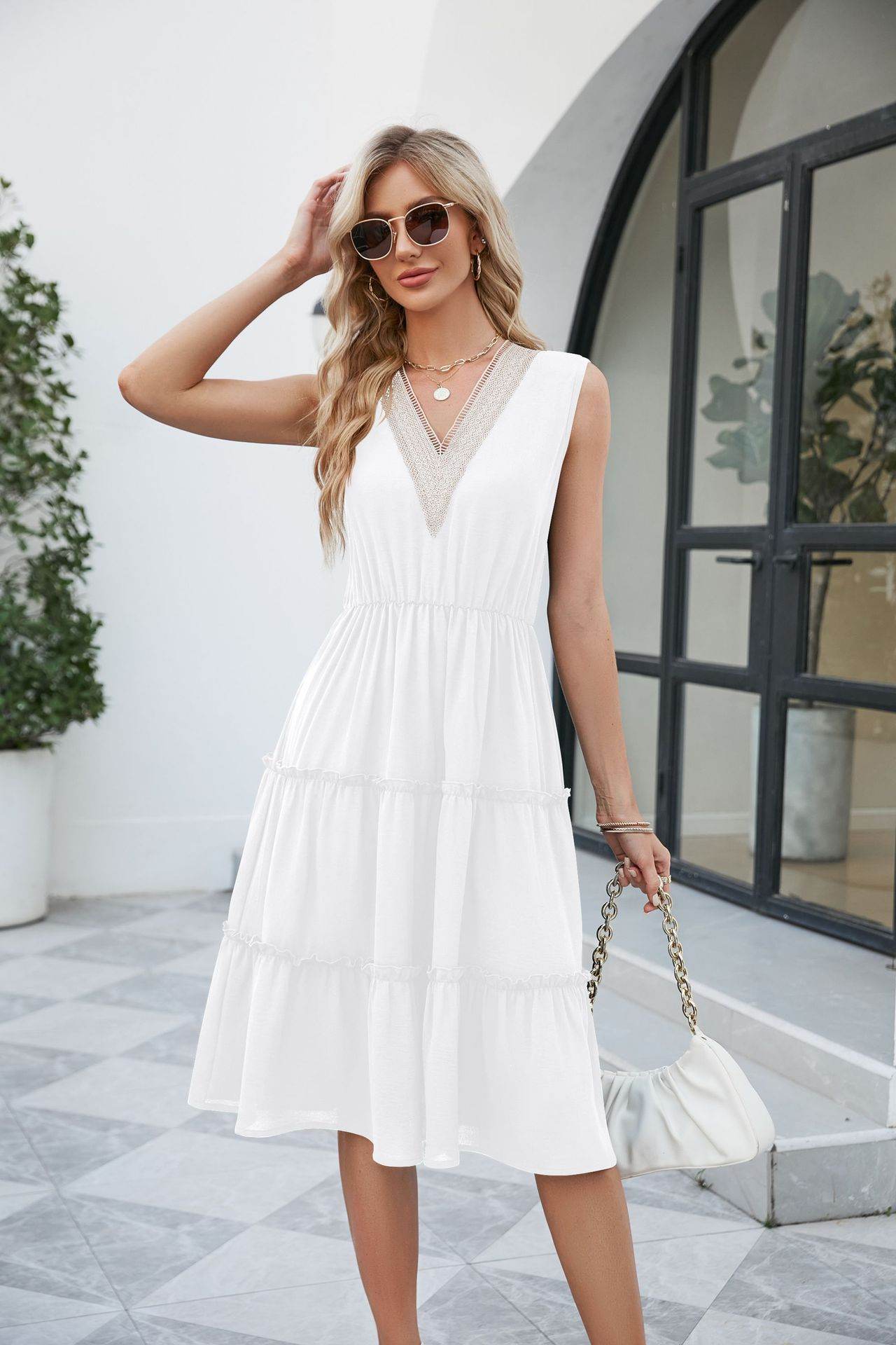 V-neck Dresses Women Sleeveless Pleated Ruffle Elegant Dress Beach Summer - Velora
