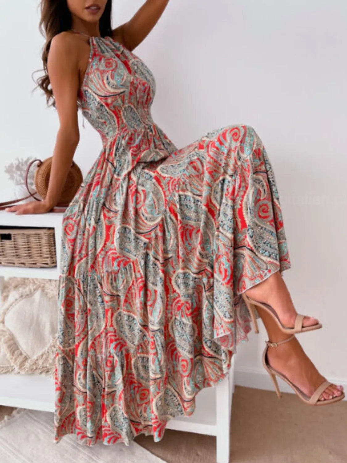 Printed Halter Neck Maxi Dress - Velora