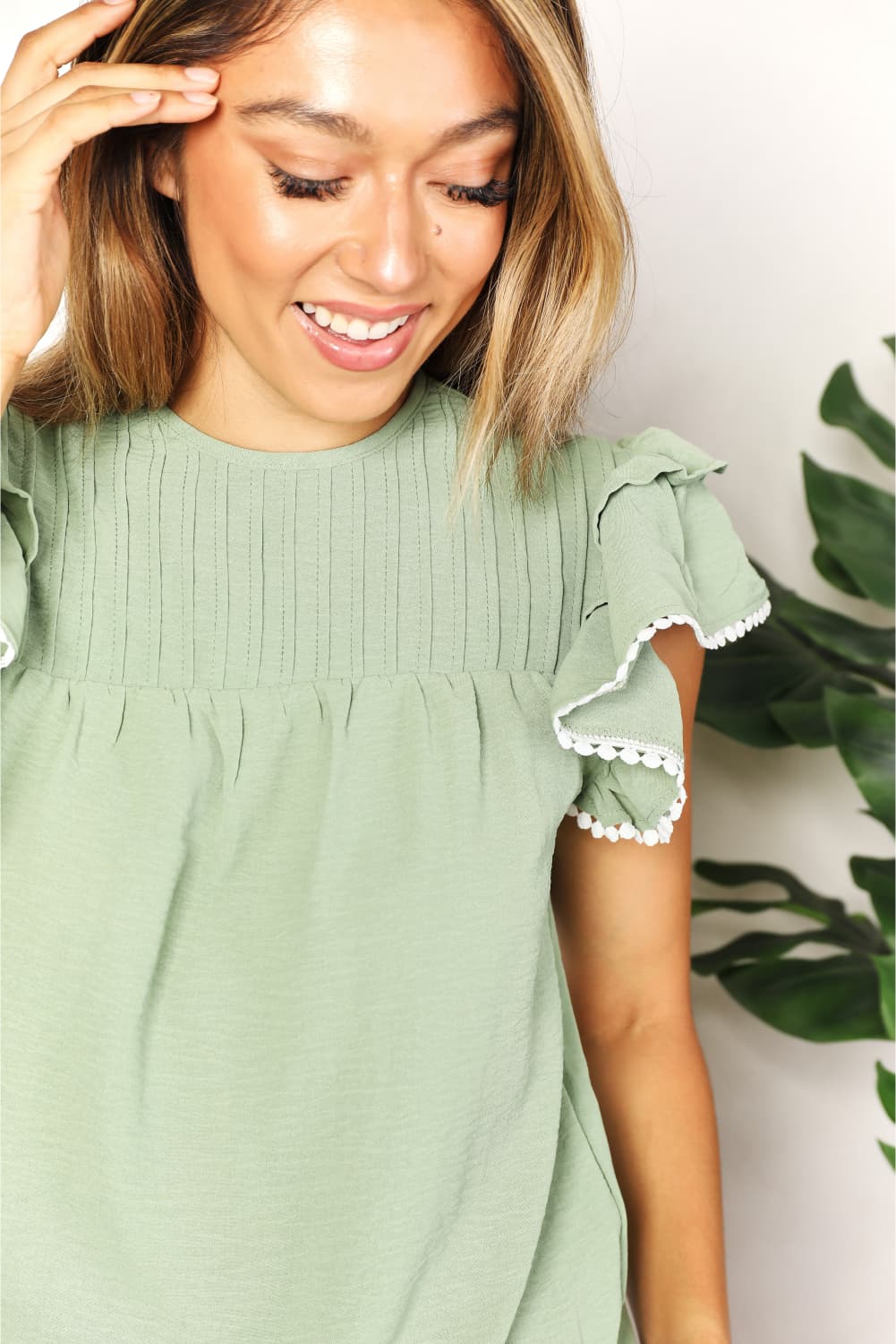 Perfee Pleated Detail Flutter Sleeve Blouse - Velora