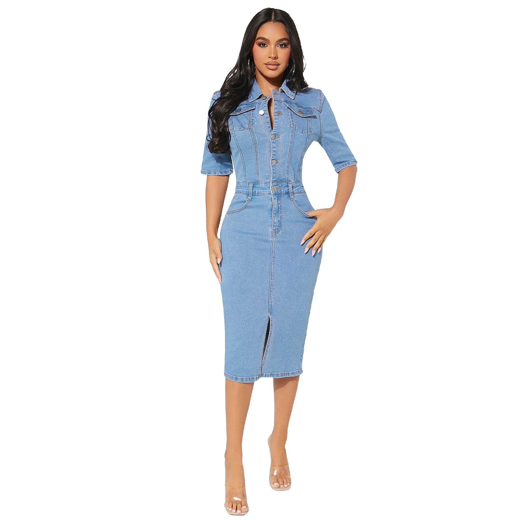 Women's Fashion Personality fitted Denim Hip-wrapped Jeans Midi straight cut front split Dress - Velora