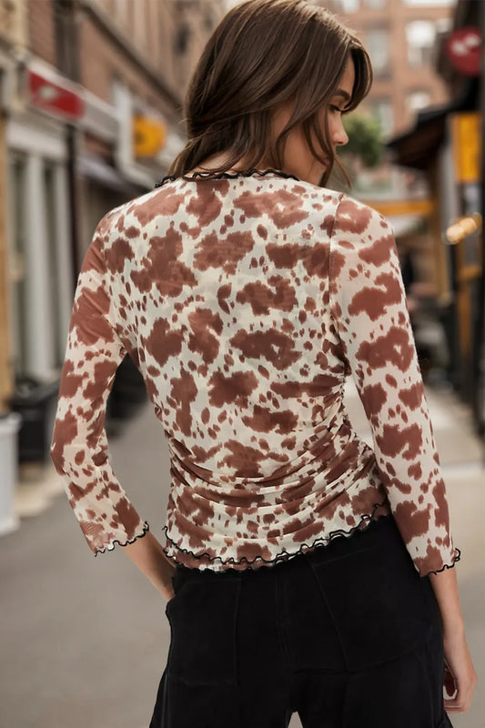 Oh Full Size Animal Print Button Down Plunge Top - Velora