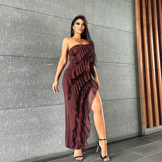 2024 Summer Trend Skinny Women's Fashion Tube Top Backless Split Tassel Dress Birthday Party Clubwear - Velora