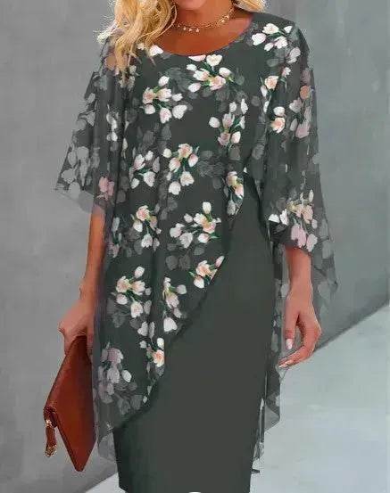 Printed Floral Chiffon Fashion Straight Cut Modest Dress - Velora