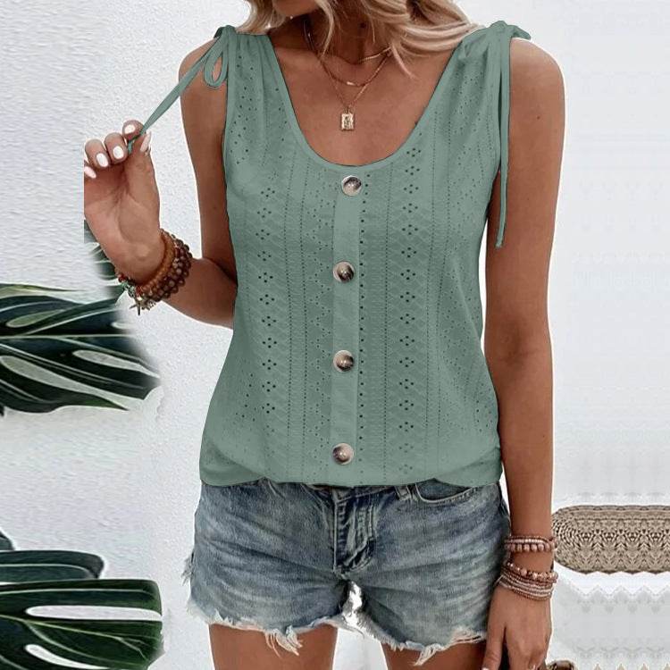 Casual summer U-neck Vest Women Shoulder With Bow Tie Summer blouse top - Velora