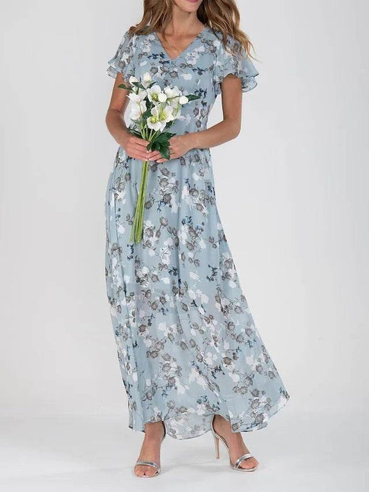 Flowers Print Short Sleeve Dress Summer Fashion Ruffle Beach Dresses Women's Clothing - Velora