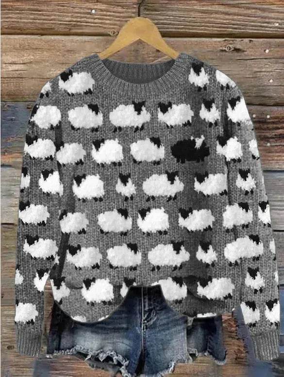 Printed Round Neck Christmas Deer Couples Sweater - Velora