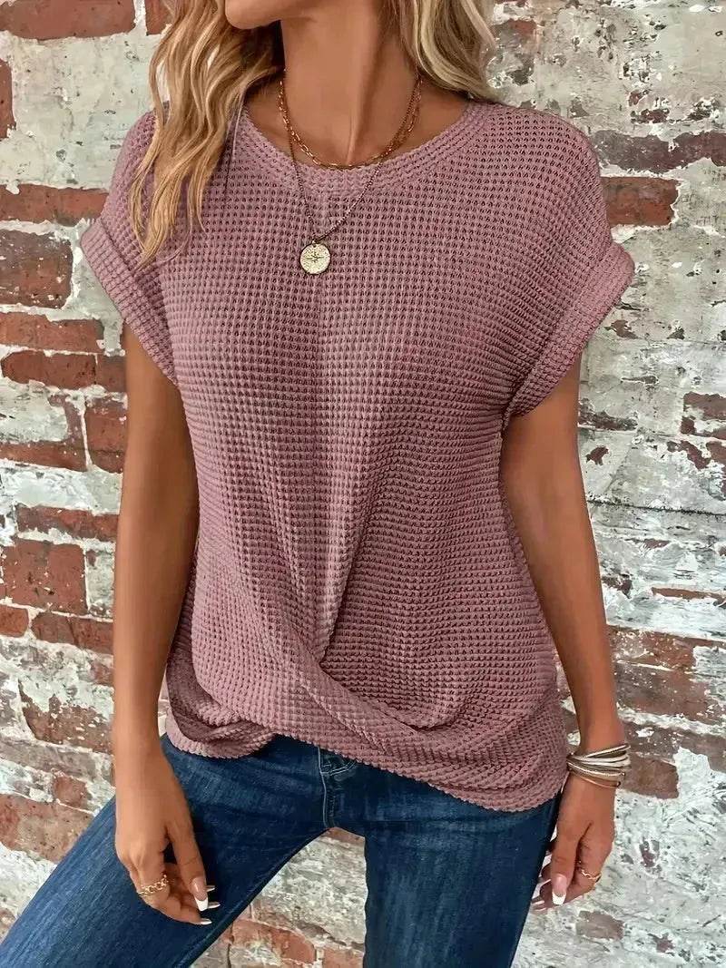 Casual Summer Short-sleeved Waffle blouse Top Summer New Solid Color Casual Evening Top For Women - Velora