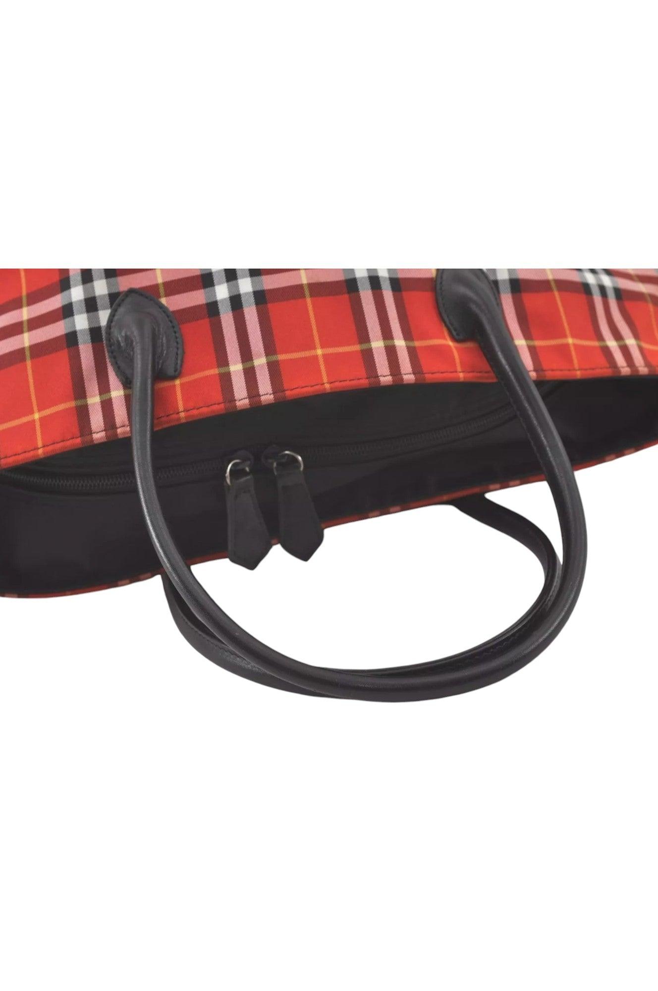 Burberry BLUE LABEL Check Shoulder Tote Bag Nylon Leather Red 9373K - Velora