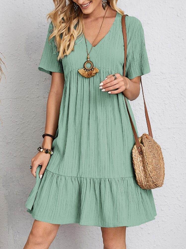 V-neck Short Sleeve Dress Summer Fashion Casual Loose Ruffled Dresses Beach Clothing Women - Velora
