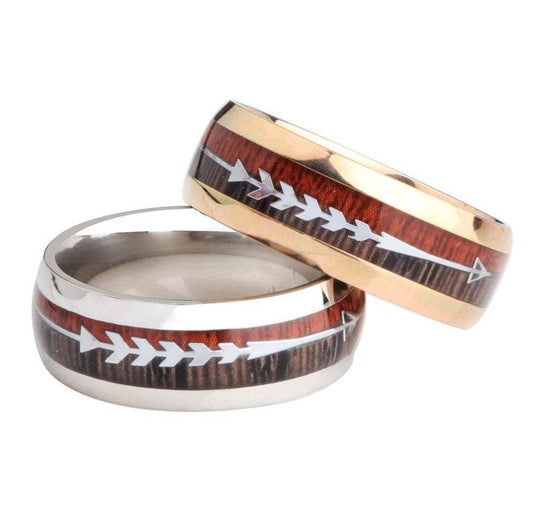 Stainless Steel Wood Grain Arrow Inlaid Ring - Velora