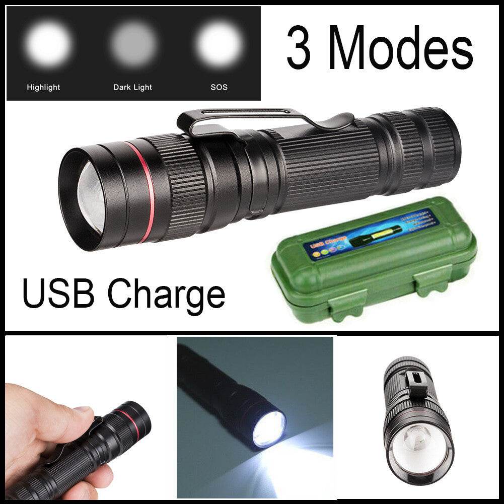 LED Military Flashlight USB Rechargeable Tactical Zoom Handheld Torch - Velora