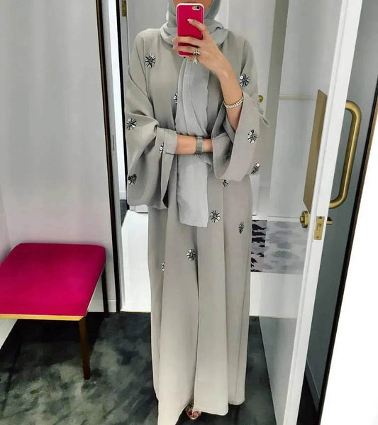 Elegant Embroidered Beaded Middle East Cardigan Robe Dress Open front Abaya Kimono - Velora