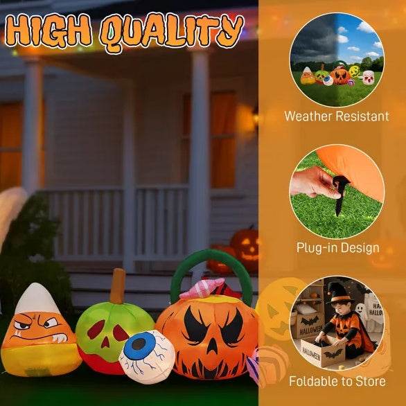 8FT Long Halloween Inflatables Pumpkins Eyeball Candy Outdoor Decorations, Blow Up Yard Decoration With Built-in LEDs Lighted For Lawn Garden Outside Indoor Decor - Velora