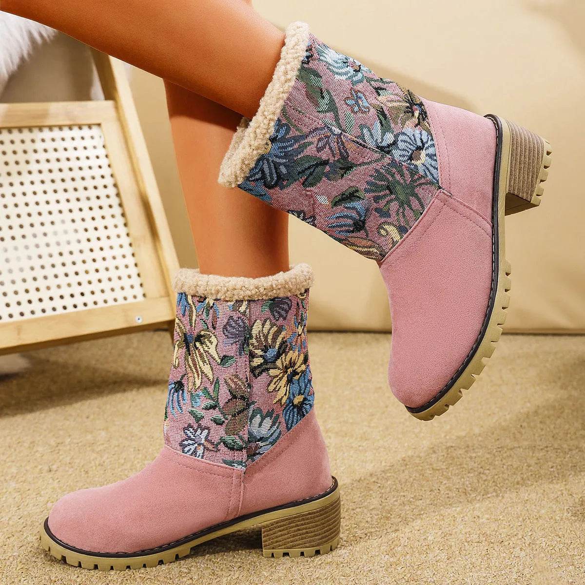 Flowers Embroidered Snow Boots Ethnic Style Platform Thick Square Heel Mid-tube Boot Winter Warm Cotton Shoes For Women - Velora
