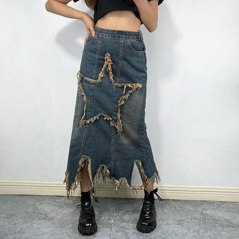 Women's American-style Retro High Waist Irregular Midi Denim Skirt - Velora