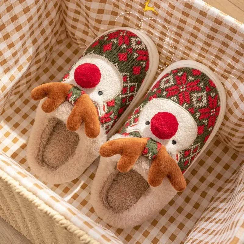 Cute Christmas Elk Plush Slippers Winter Ins Fashion Non-slip Floor Bedroom Home Slippers For Women Fuzzy House Shoes - Velora