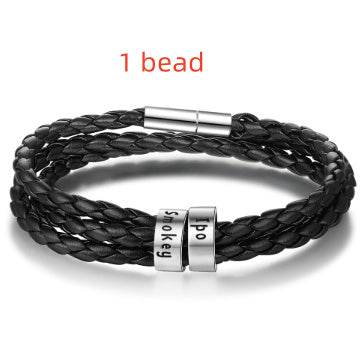 Personalized Mens Braided Genuine Leather Bracelet Stainless Steel Custom Beads Name Charm Bracelet For Men With Family Names - Velora