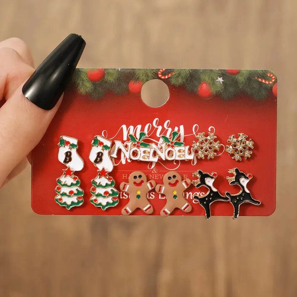 Christmas Stud Combination Suit Snowflake Elk Earrings - Velora