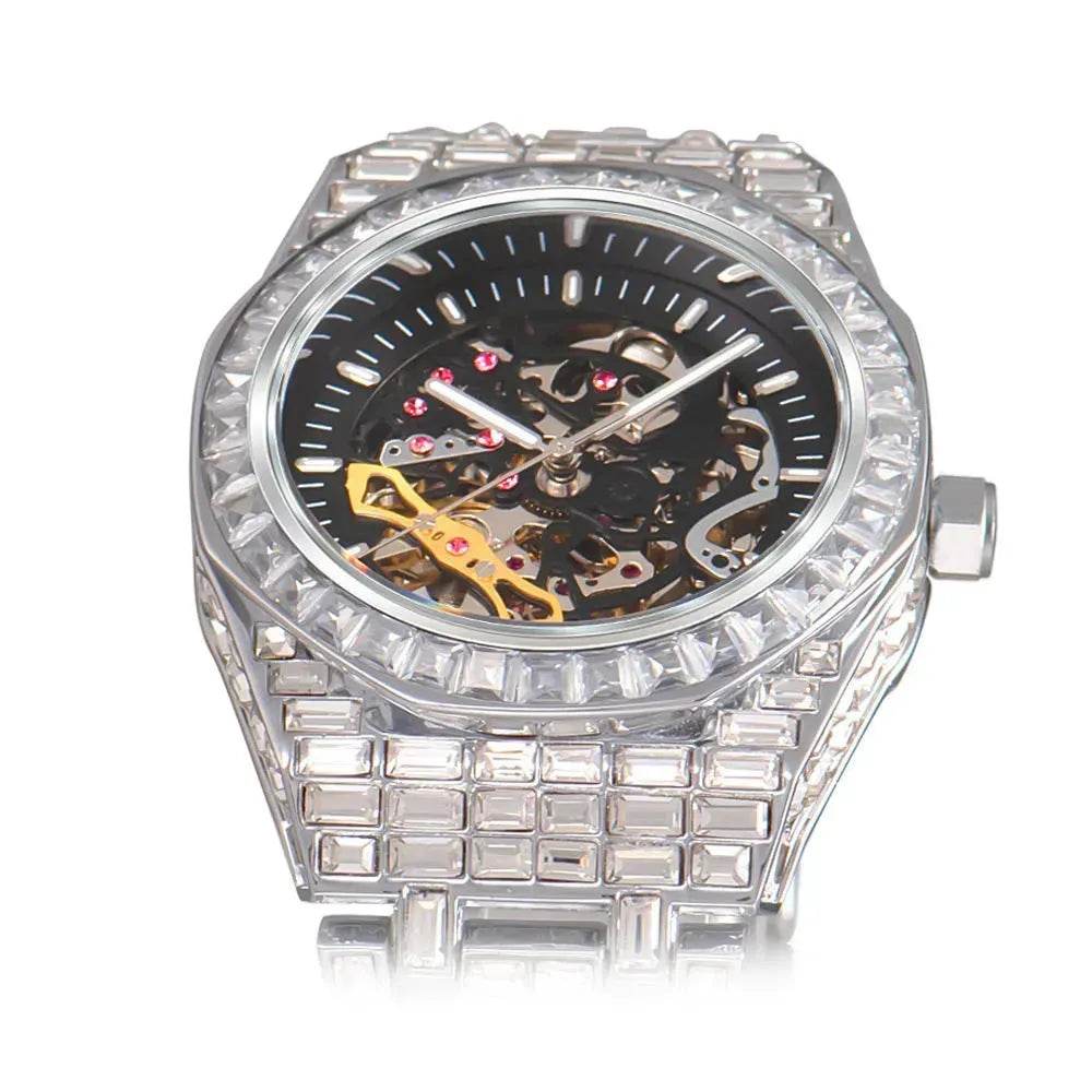 Hip Hop Full Square Diamond Luminous Hollow Mechanical Watch - Velora